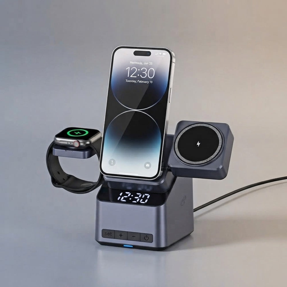 Estación de Carga Inalámbrica Magnética 4 en 1 con Reloj Digital