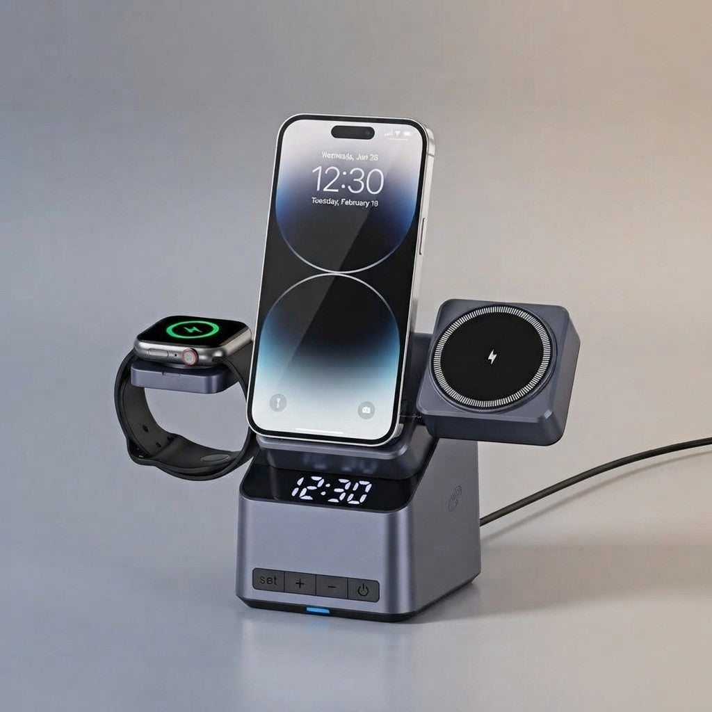 Estación de Carga Inalámbrica Magnética 4 en 1 con Reloj Digital
